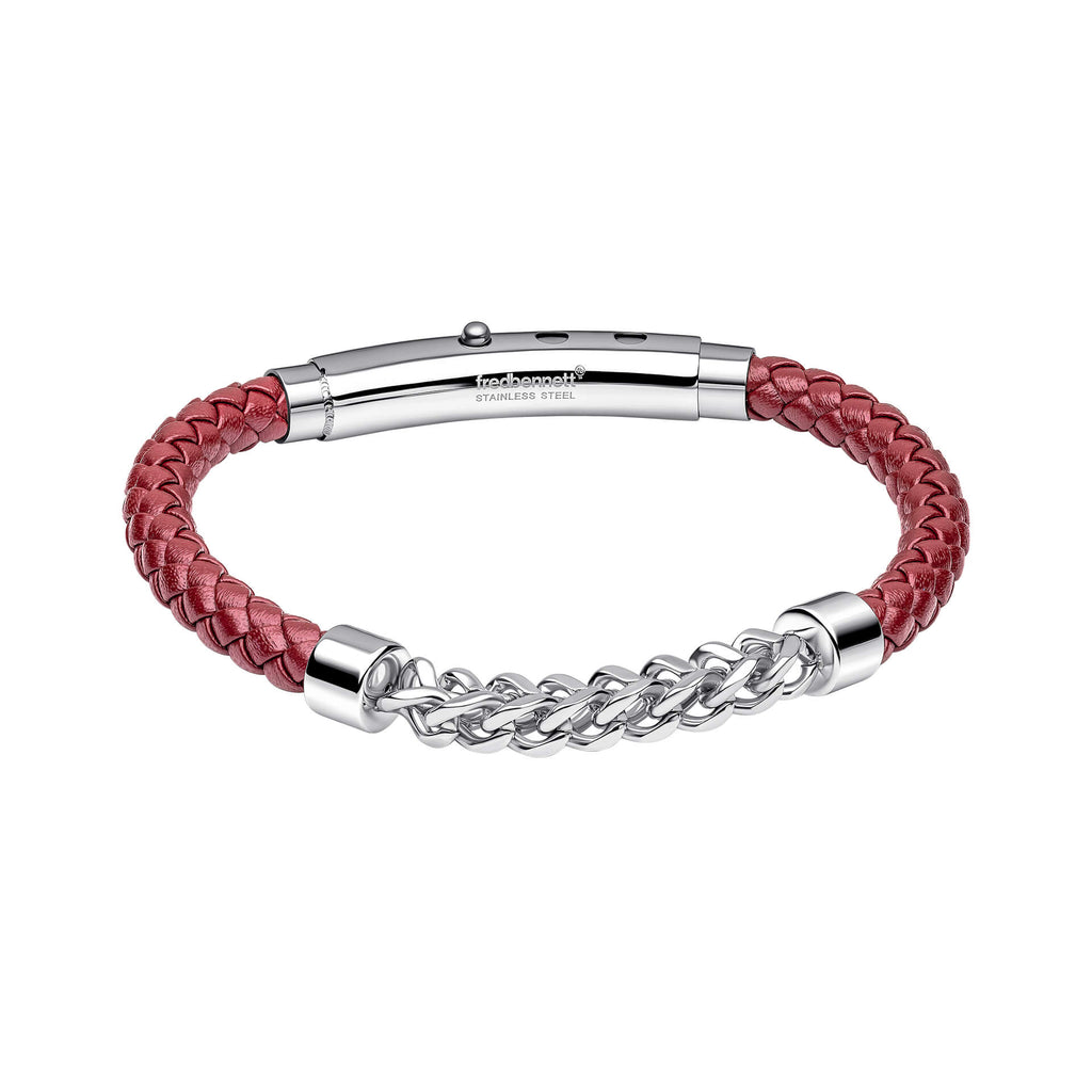 Fred Bennett Burgundy Leather and Stainless Steel Chain Detail Bracelet