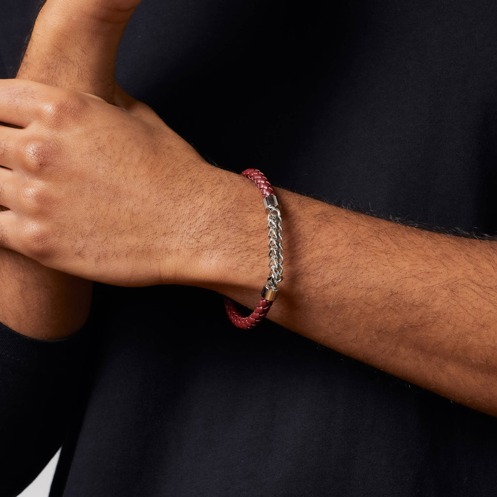 Fred Bennett Burgundy Leather and Stainless Steel Chain Detail Bracelet