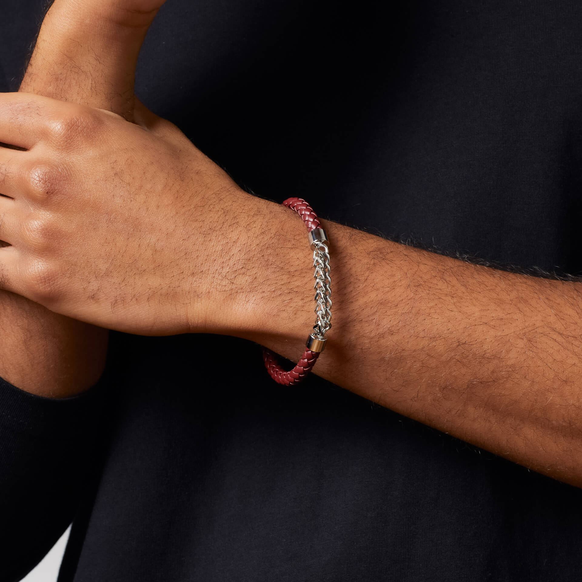 Fred Bennett Burgundy Leather and Stainless Steel Chain Detail Bracelet