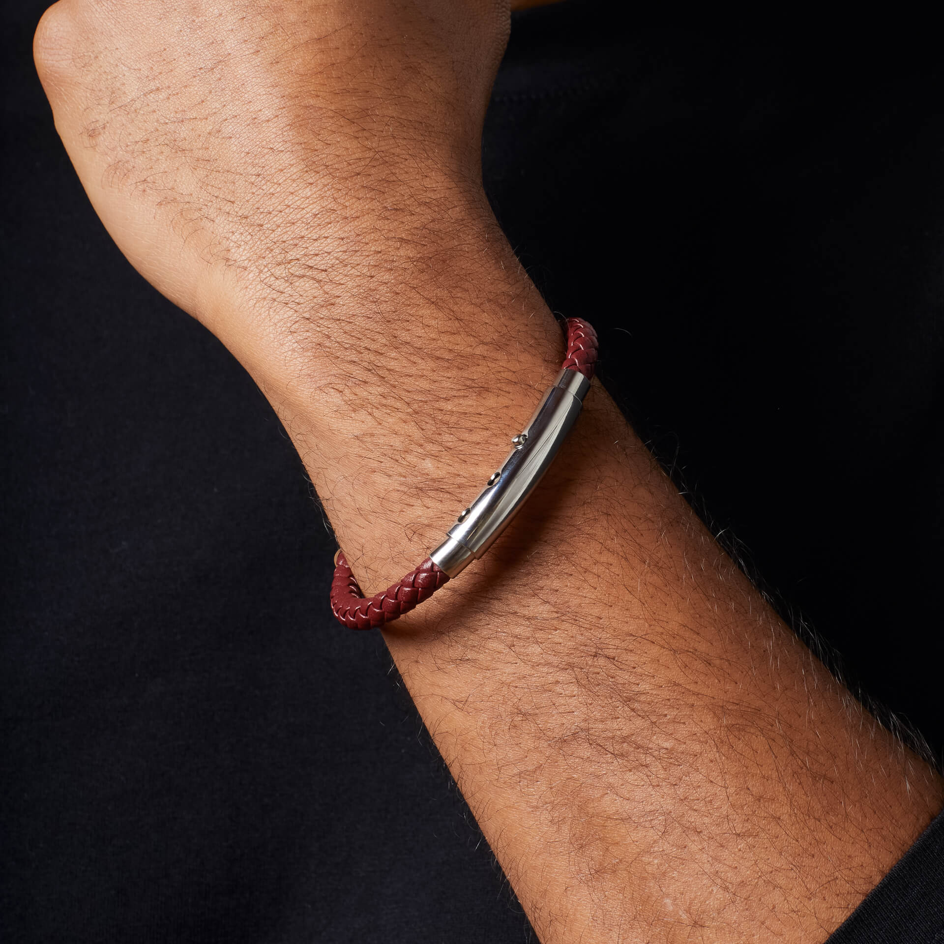 Fred Bennett Burgundy Leather and Stainless Steel Chain Detail Bracelet
