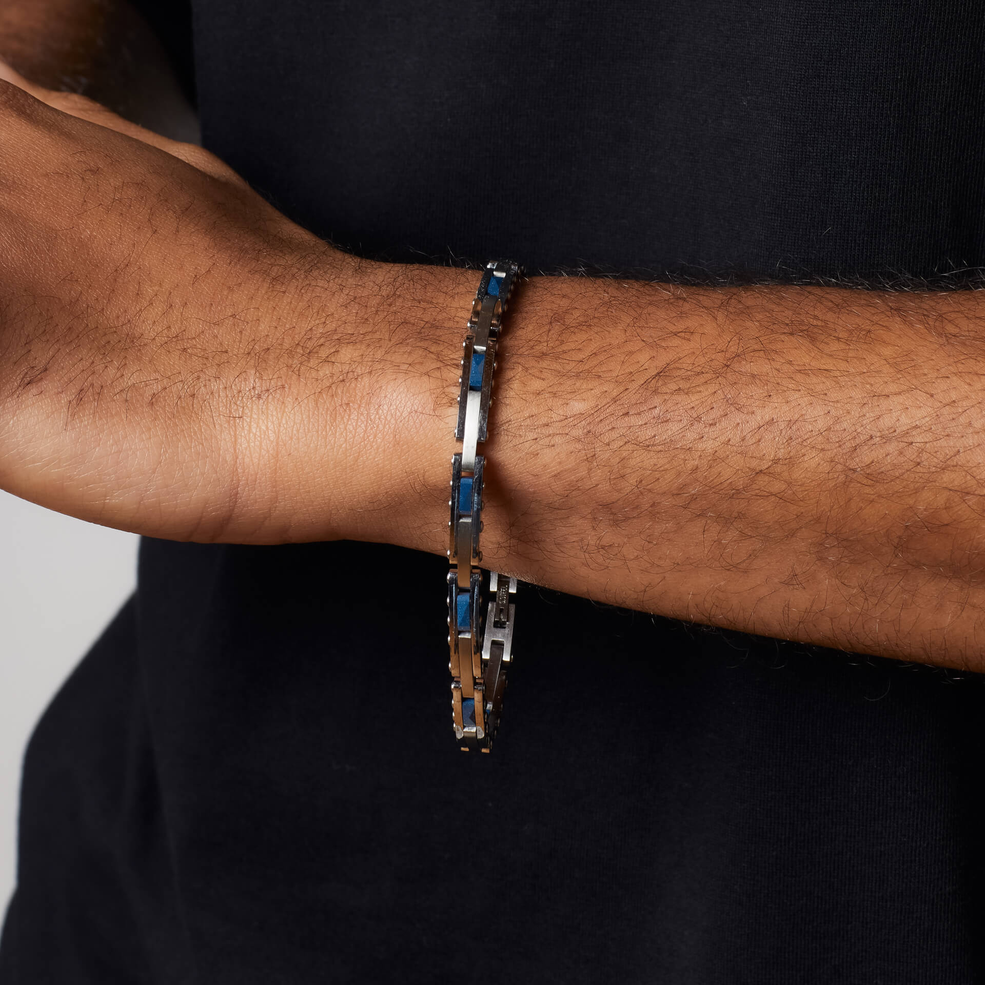Fred Bennett Stainless Steel and Blue Ceramic Link Bracelet
