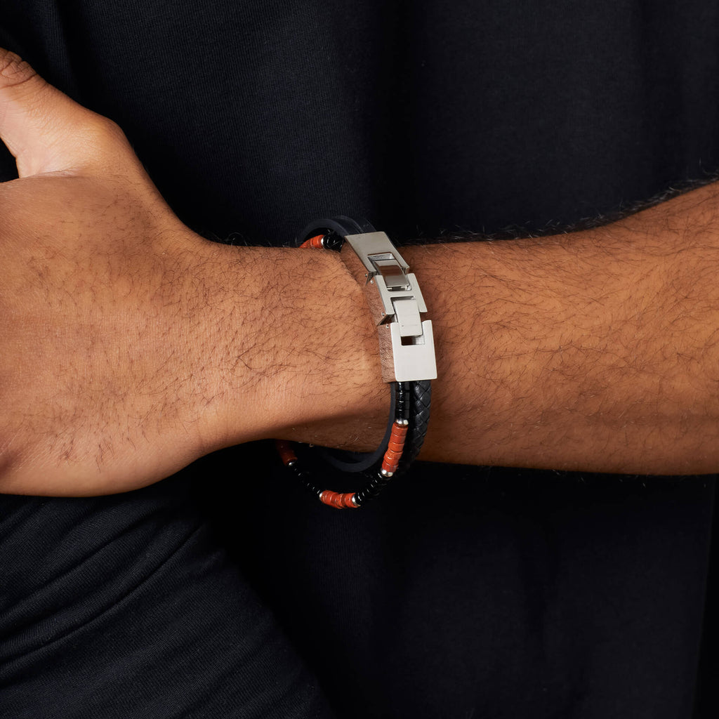 Fred Bennett Red Jasper and Onyx Multi- Layer Leather Bracelet