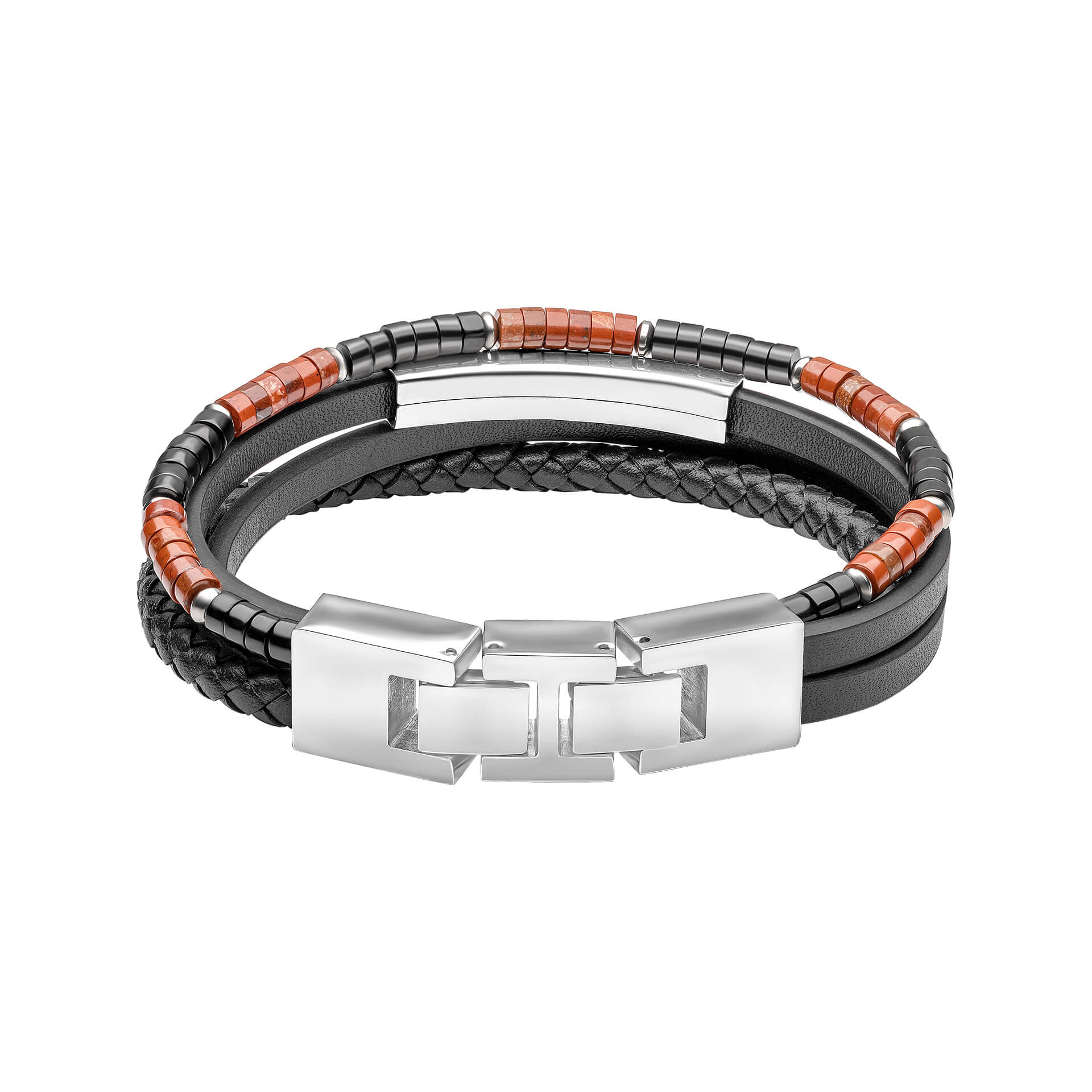 Fred Bennett Red Jasper and Onyx Multi- Layer Leather Bracelet