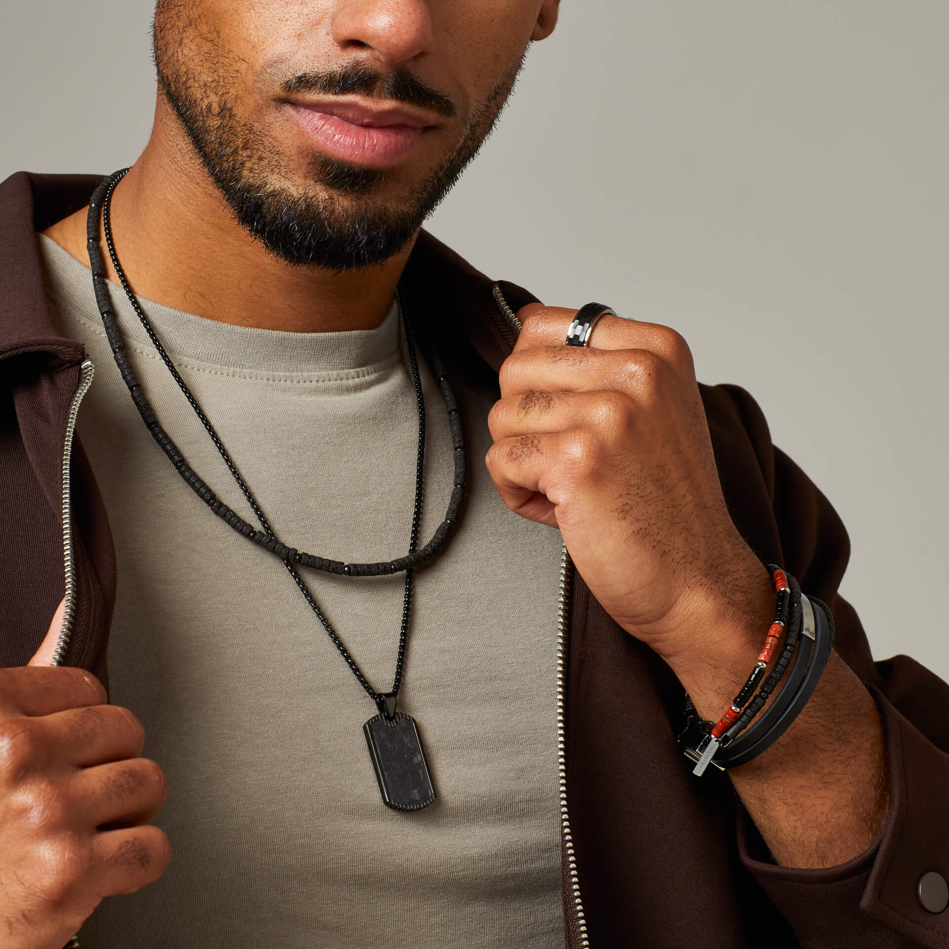 Fred Bennett Red Jasper and Onyx Multi- Layer Leather Bracelet