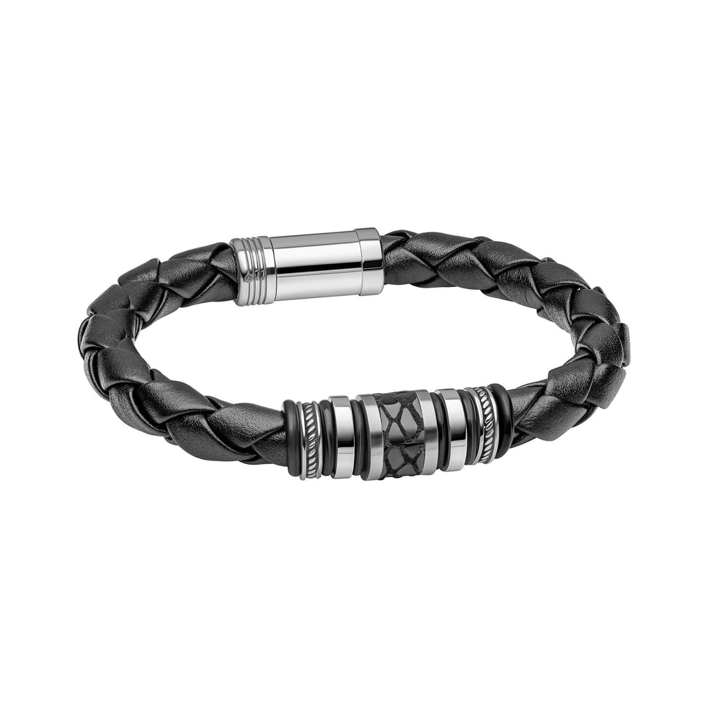 Fred Bennett Black Leather and Stainless Steel Centrepiece Bracelet