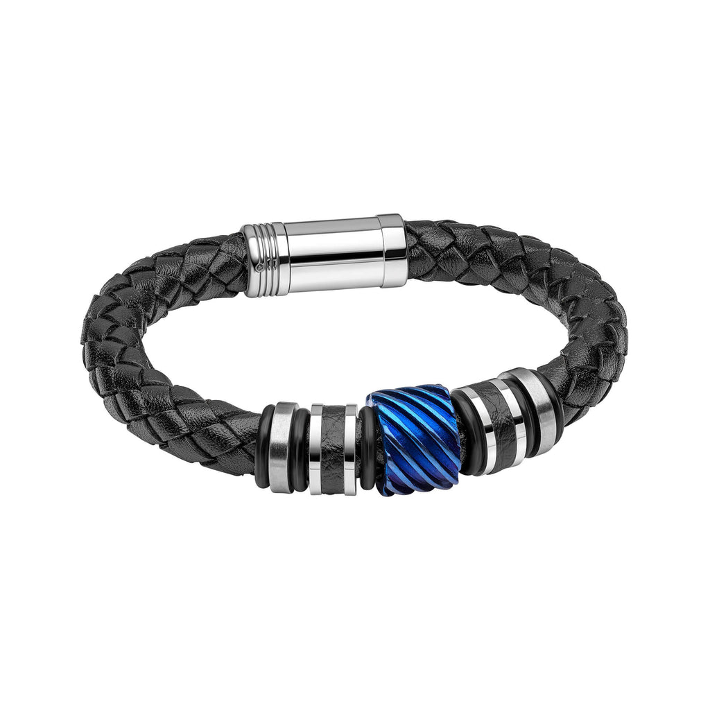Fred Bennett Black Leather Bracelet with Blue Steel Accent