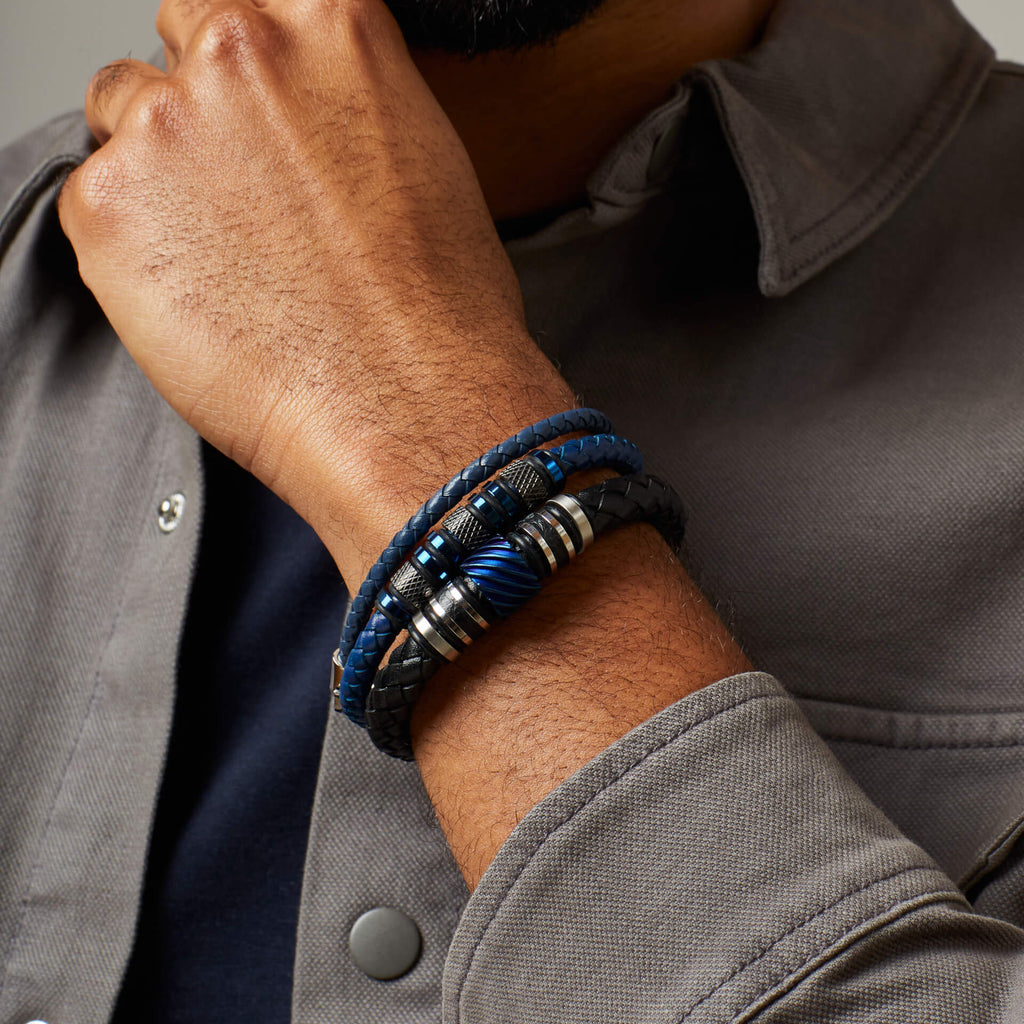 Fred Bennett Black Leather Bracelet with Blue Steel Accent