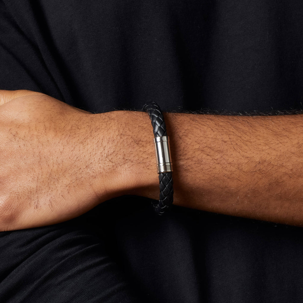 Fred Bennett Black Leather Bracelet with Blue Steel Accent