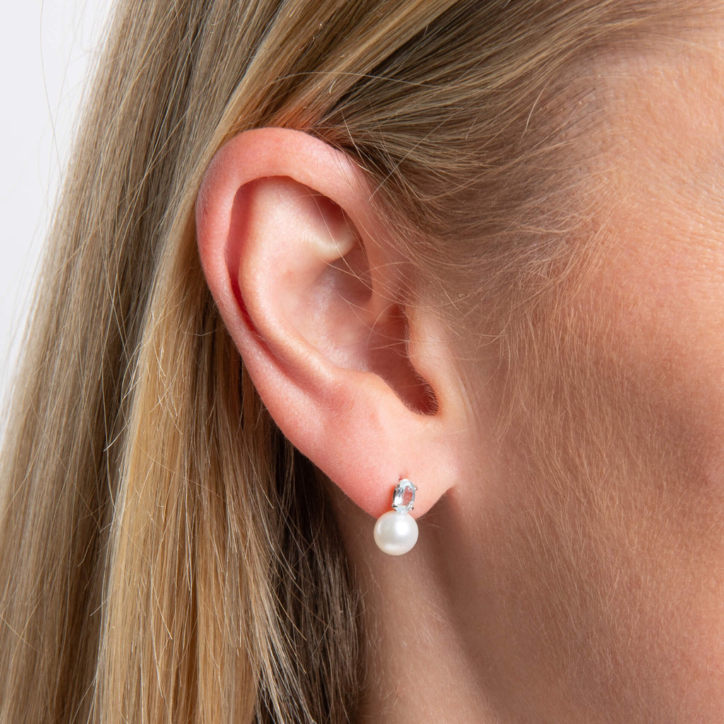 Elements Gold Freshwater Pearl and Sky Blue Topaz Stud Earrings