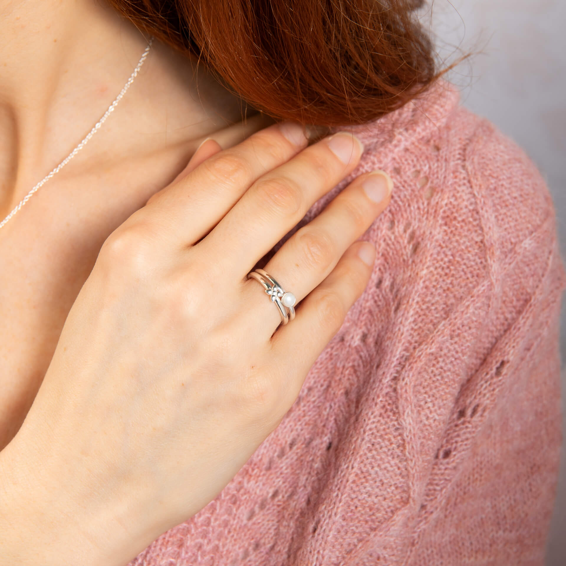 Laura Ashley Silver Hartley Check Mabe Pearl Stacking Rings