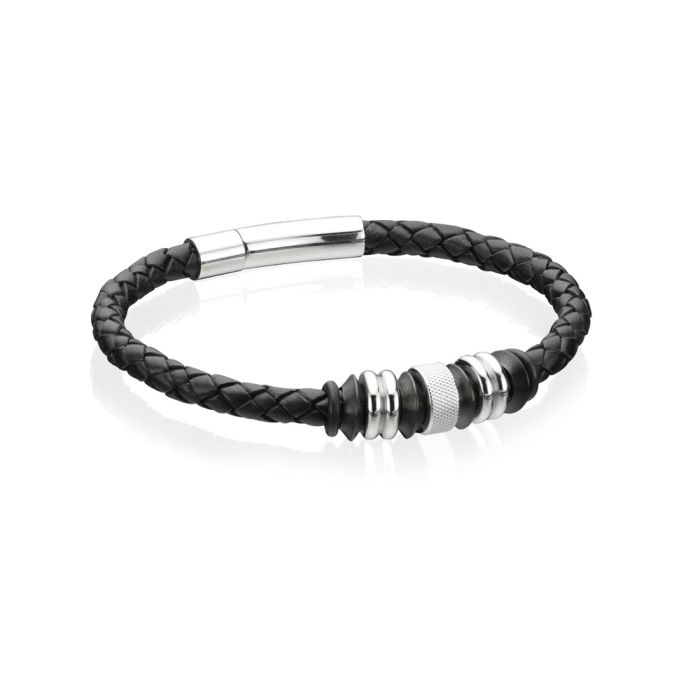 Fred Bennett Black Leather Bracelet with Black IP Beads
