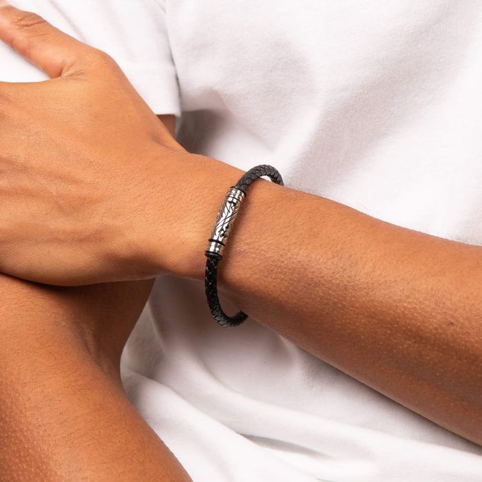 Fred Bennett Black Plaited Leather Bracelet with Steel Section