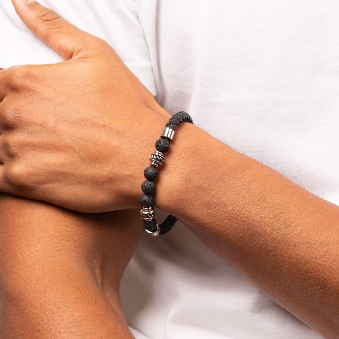 Fred Bennett Black Leather Bracelet with Lava Beads