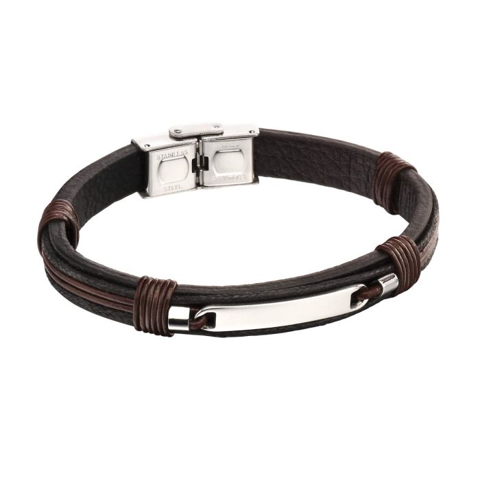 Fred Bennett ID Bar Black Leather Bracelet with Brown Cord Detail