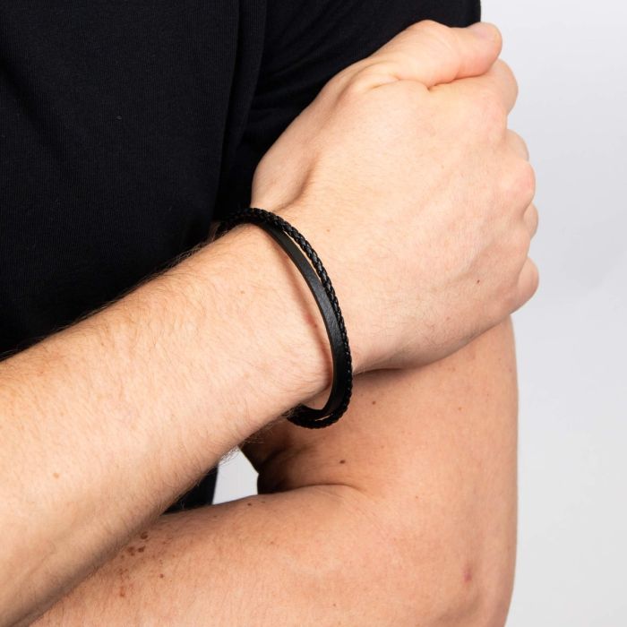 Fred Bennett Double Row Black Leather Bracelet