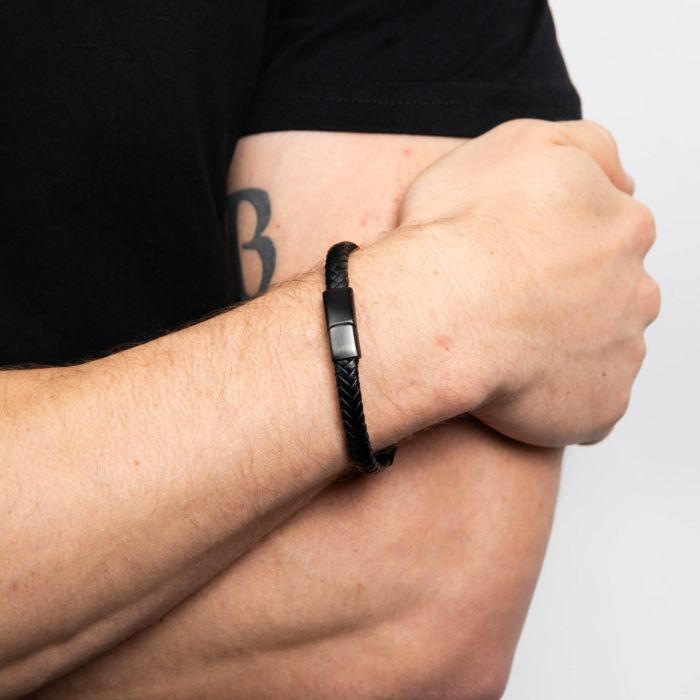 Fred Bennett Plaited Black Leather and Black IP Sections Bracelet