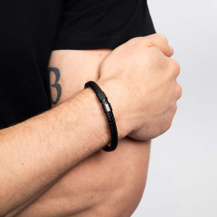 Fred Bennett Plaited Black Leather and Black IP Sections Bracelet