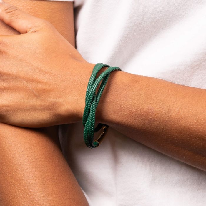 Fred Bennett Multi Row Plaited Green Leather Bracelet