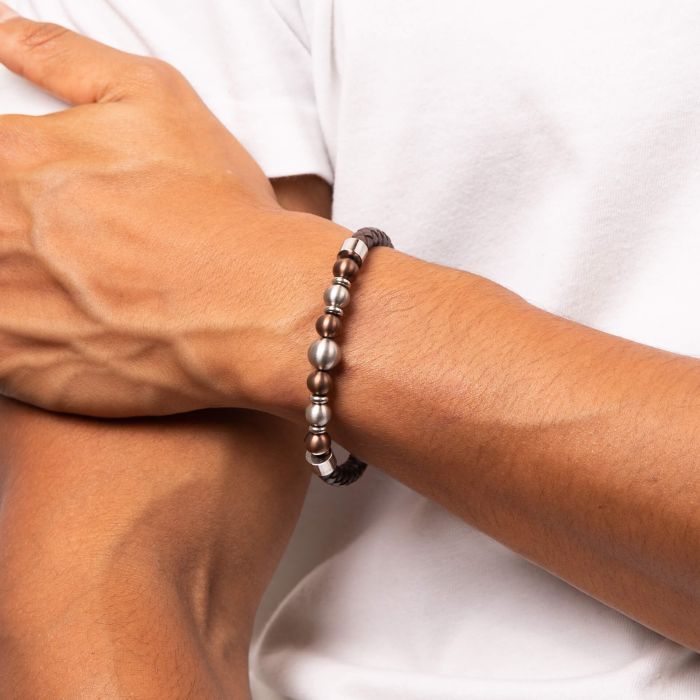 Fred Bennett Brown Leather Bracelet with Coffee Plated Stainless Steel Beads