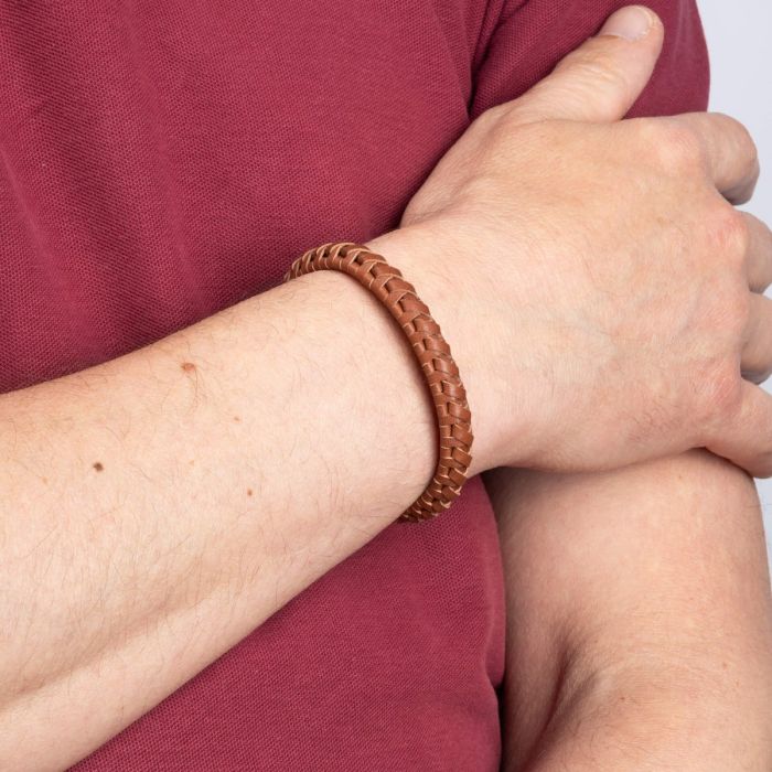 Fred Bennett Brown Braided Leather Bracelet with T-Bar Clasp