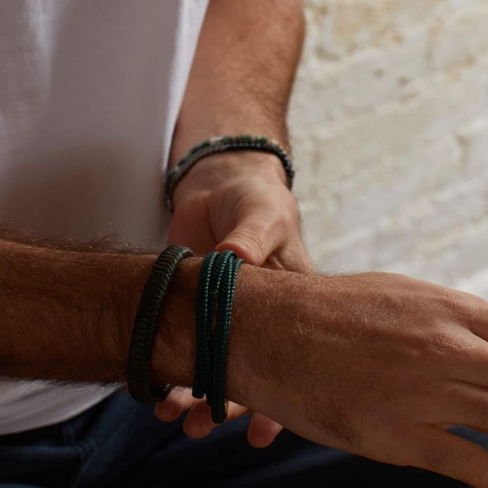 Fred Bennett Khaki Braided Leather Bracelet with Black Clasp