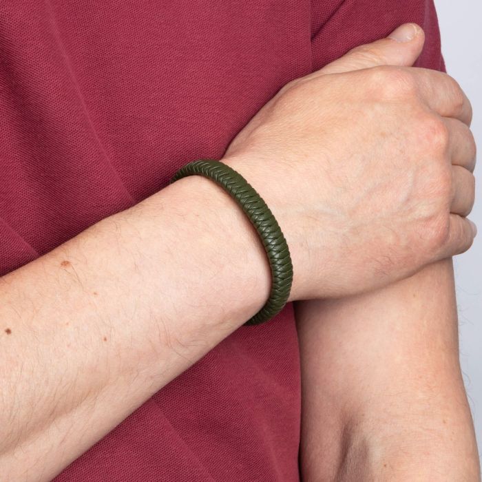 Fred Bennett Khaki Braided Leather Bracelet with Black Clasp