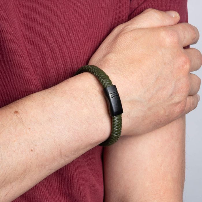 Fred Bennett Khaki Braided Leather Bracelet with Black Clasp