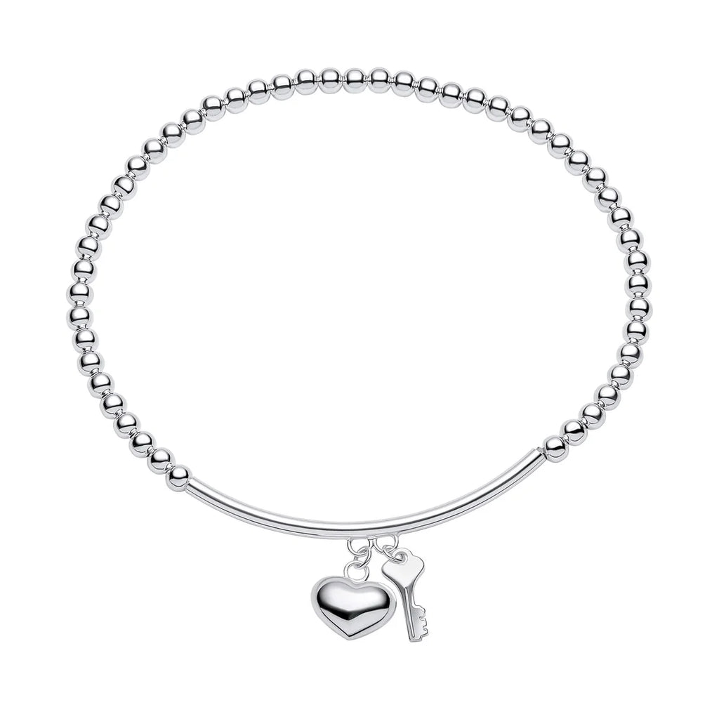 Beginnings Silver Bracelet Beaded Stretch Bracelet with Heart and Key Charms Set B5515