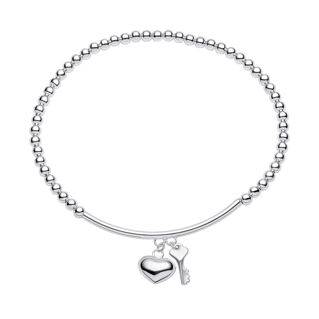 Beginnings Silver Bracelet Beaded Stretch Bracelet with Heart and Key Charms Set B5515