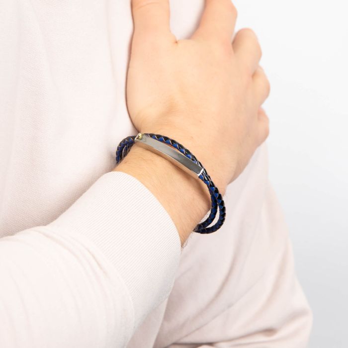 Fred Bennett Double Wrap Blue and Black Leather Bracelet
