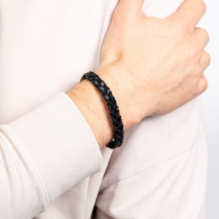 Fred Bennett Chain Plait Black Leather Bracelet