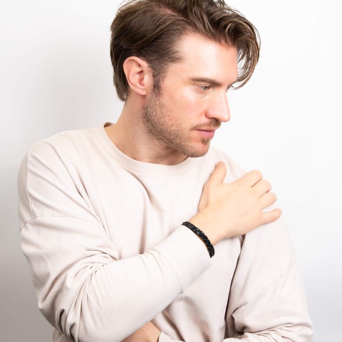 Fred Bennett Chain Plait Black Leather Bracelet
