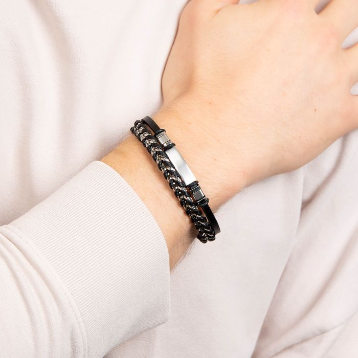 Fred Bennett Black Leather and Stainless Steel ID Bar Bracelet