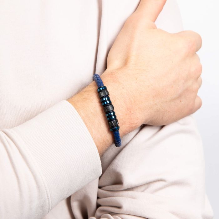 Fred Bennett Blue Leather and Stainless Steel Beads Bracelet