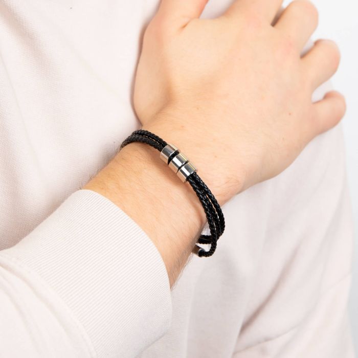 Fred Bennett Triple Layer Thin Black Leather Bracelet