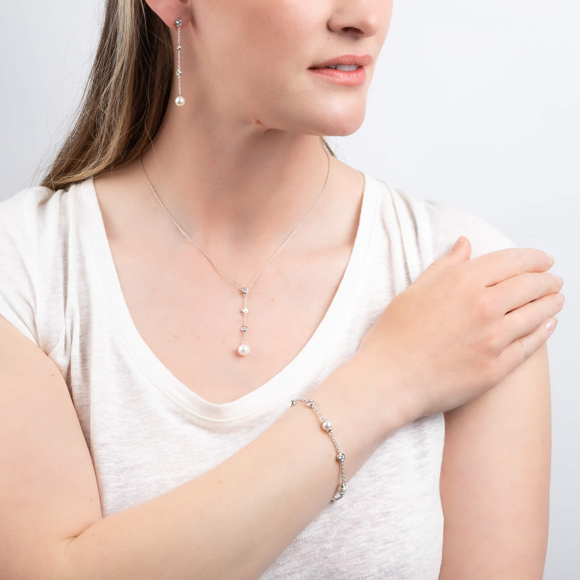 Diamonfire Zirconia and Shell Pearl Y Chain Drop Necklace