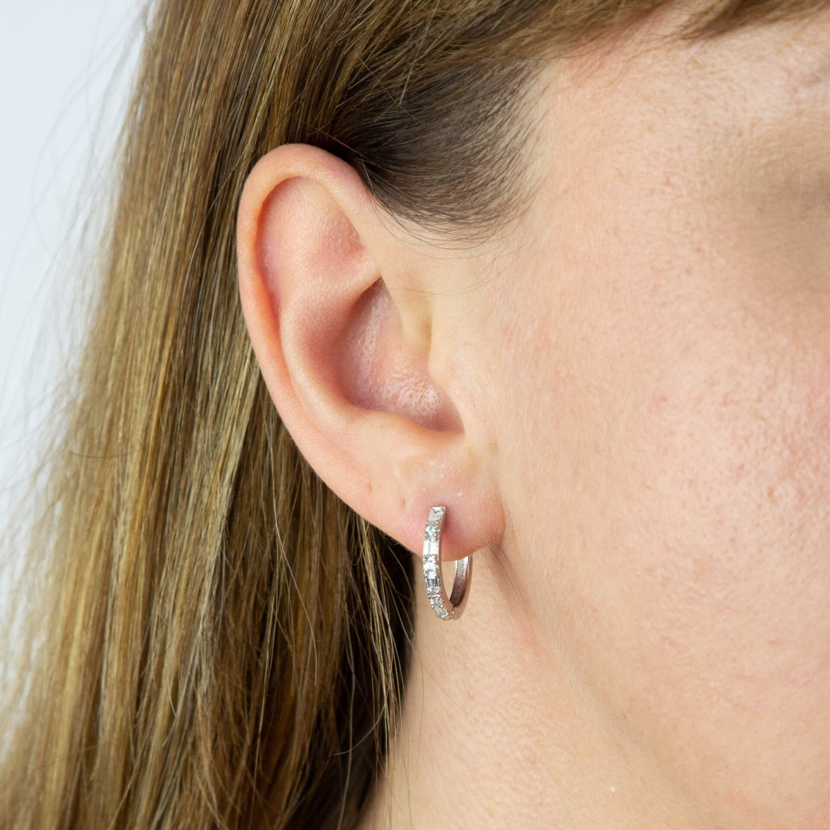 Beginnings Hinged Hoop Earrings with Baguette and Round Cut Cubic Zirconia 15mm