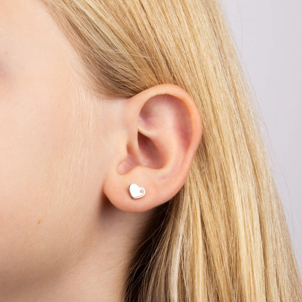 D For Diamond Rose Edge Heart Stud Earrings with Diamond