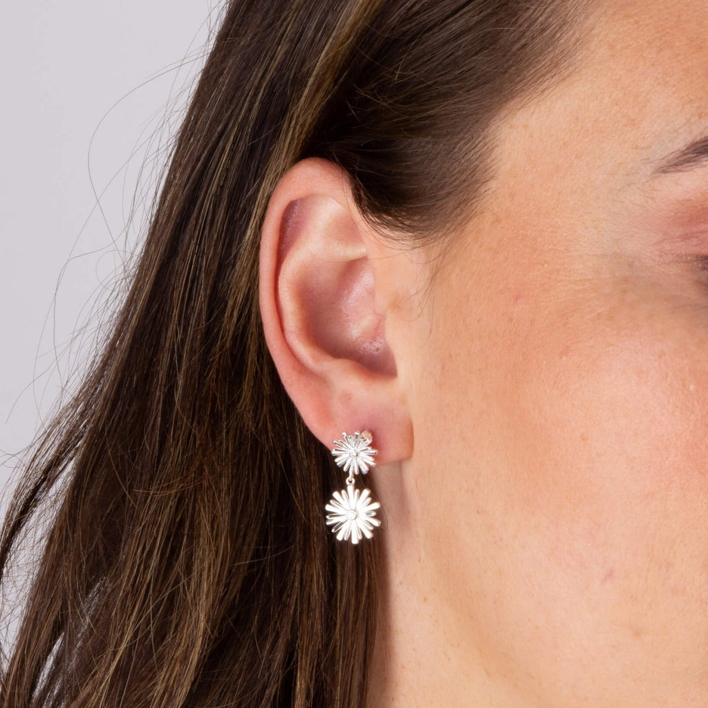 Beginnings Stylised Double Flower Drop Earrings with Cubic Zirconia