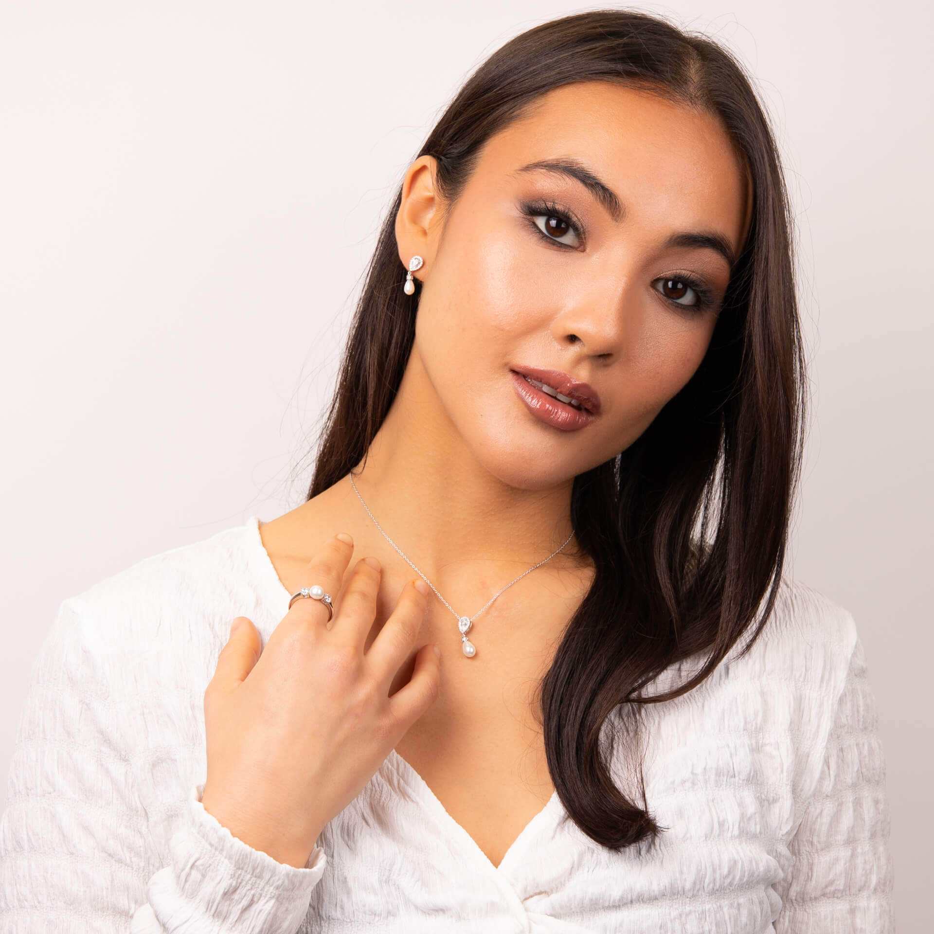 Diamonfire Teardrop Zirconia Pendant with Shell Pearl Drop