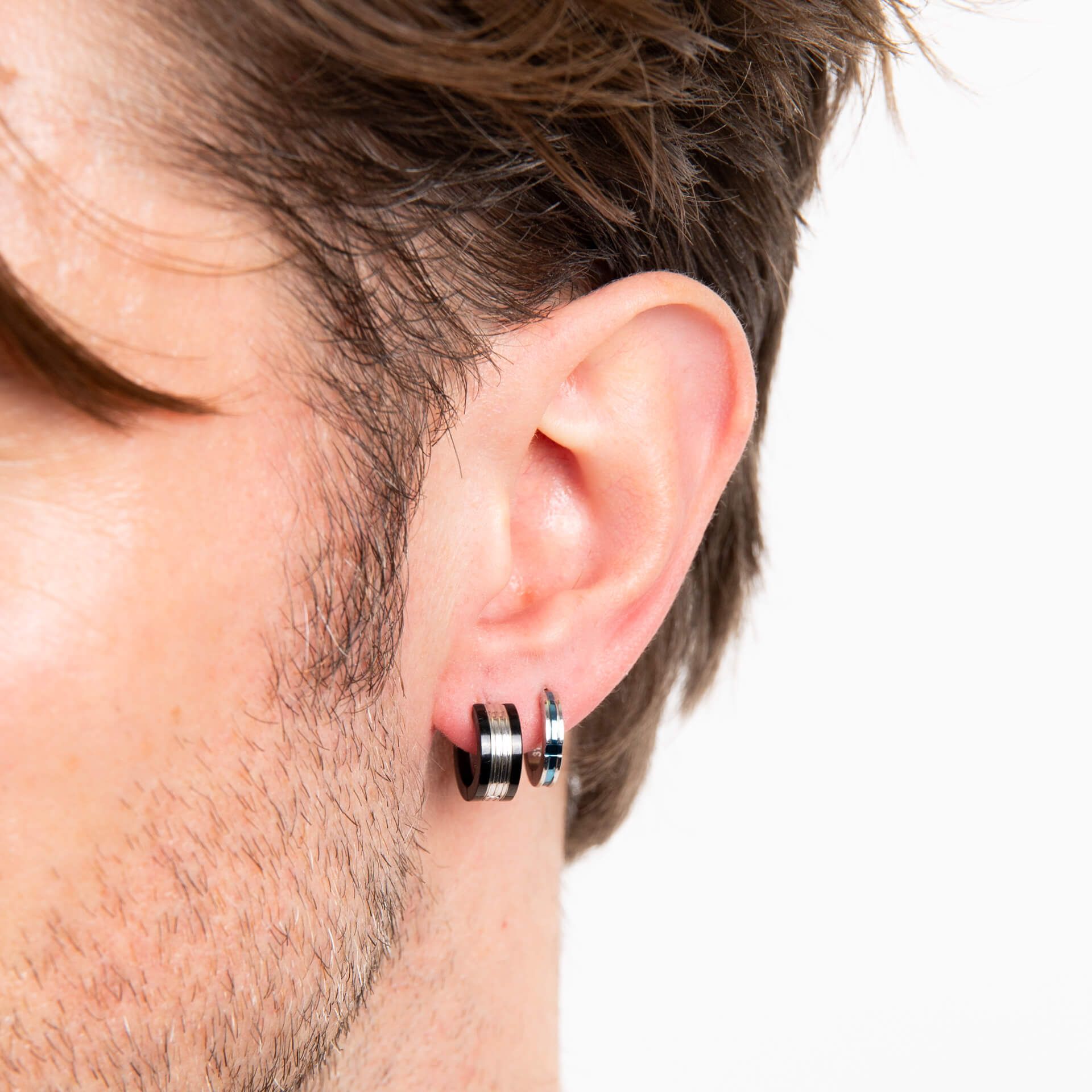 Fred Bennett Stainless Steel and Black Detail Hoop Earrings