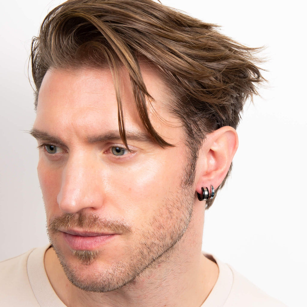 Fred Bennett Stainless Steel and Black Detail Hoop Earrings