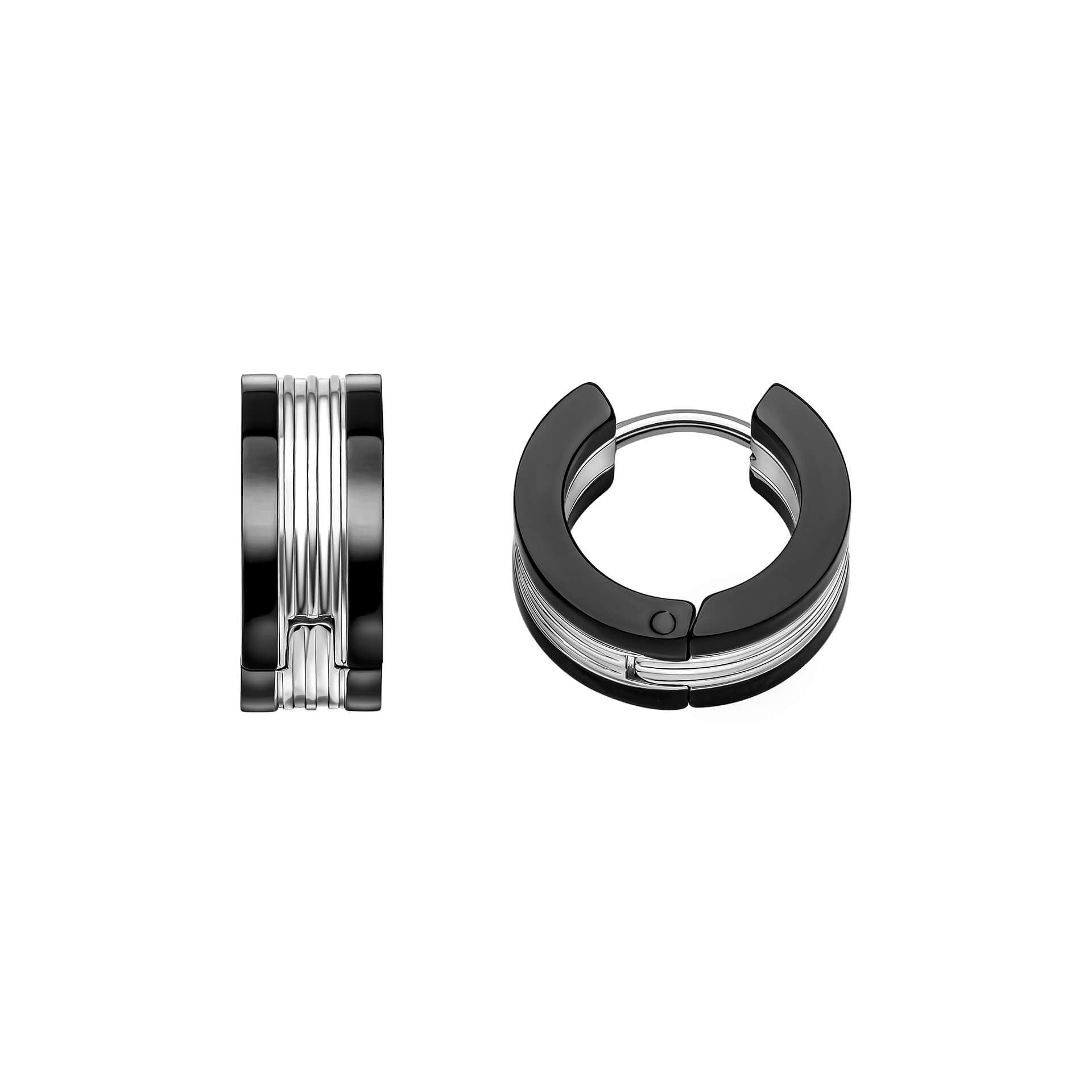 Fred Bennett Stainless Steel and Black Detail Hoop Earrings