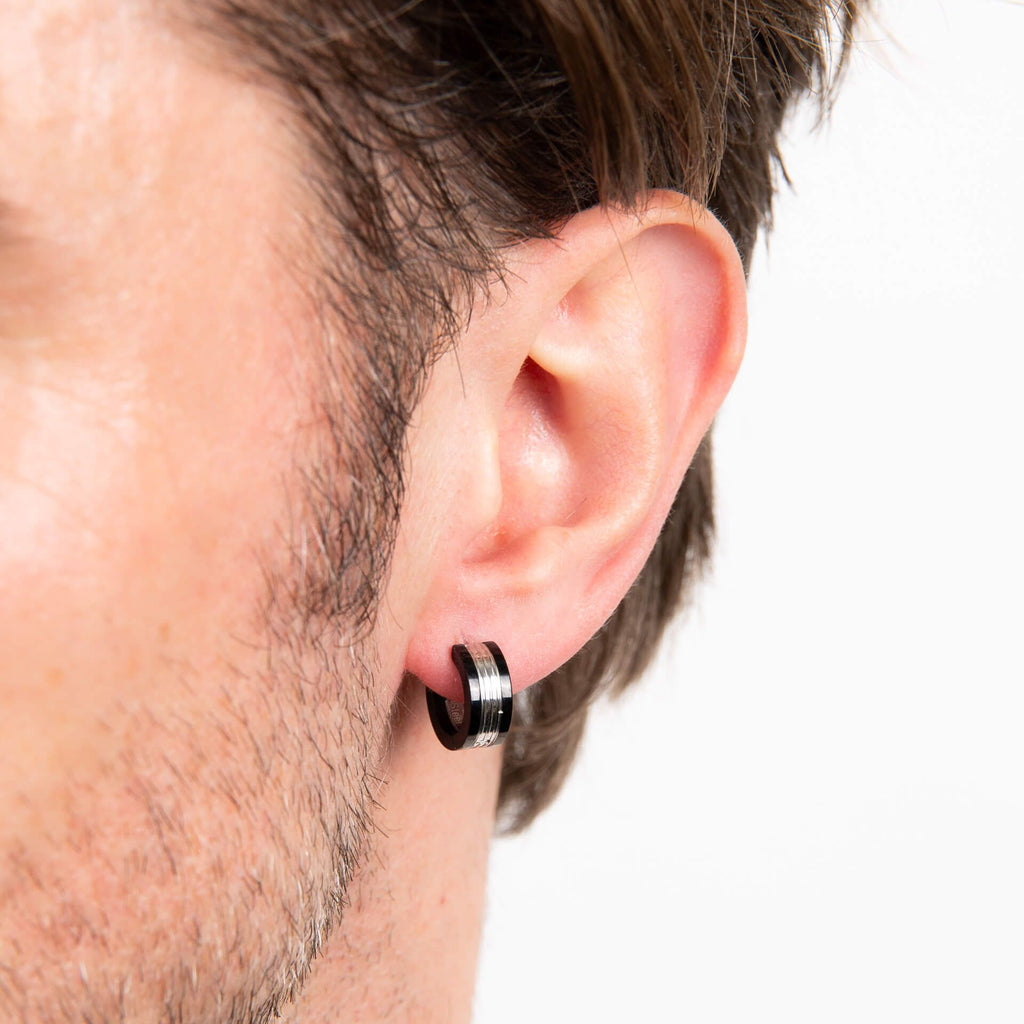 Fred Bennett Stainless Steel and Black Detail Hoop Earrings