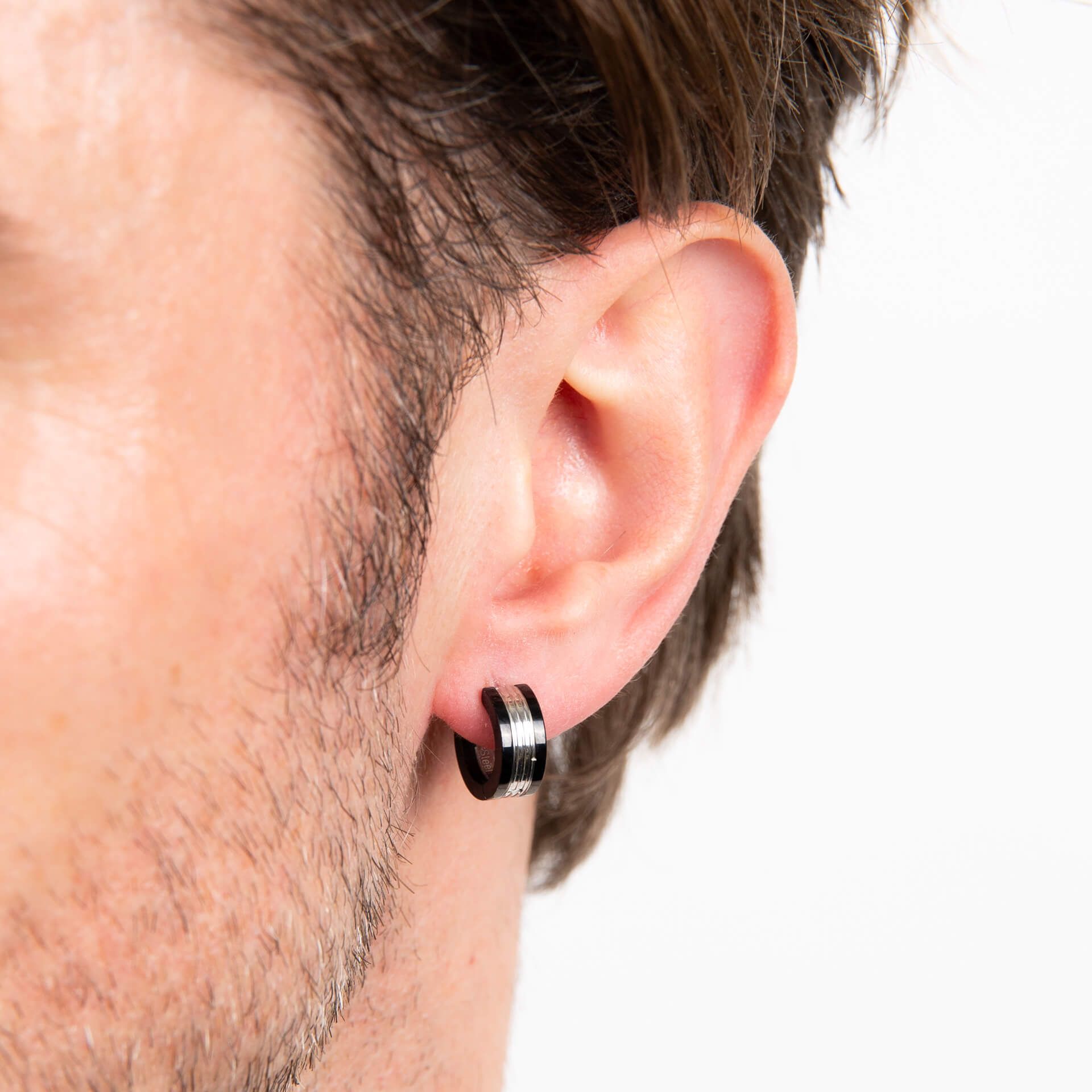 Fred Bennett Stainless Steel and Black Detail Hoop Earrings