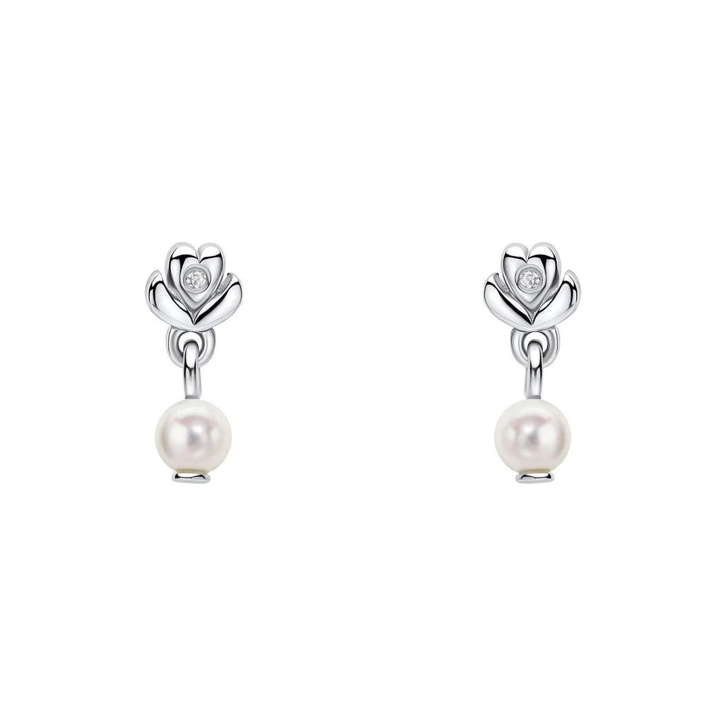 D for Diamond Flower Stud Earrings with Freshwater Pearl Drop and Diamond E6588W