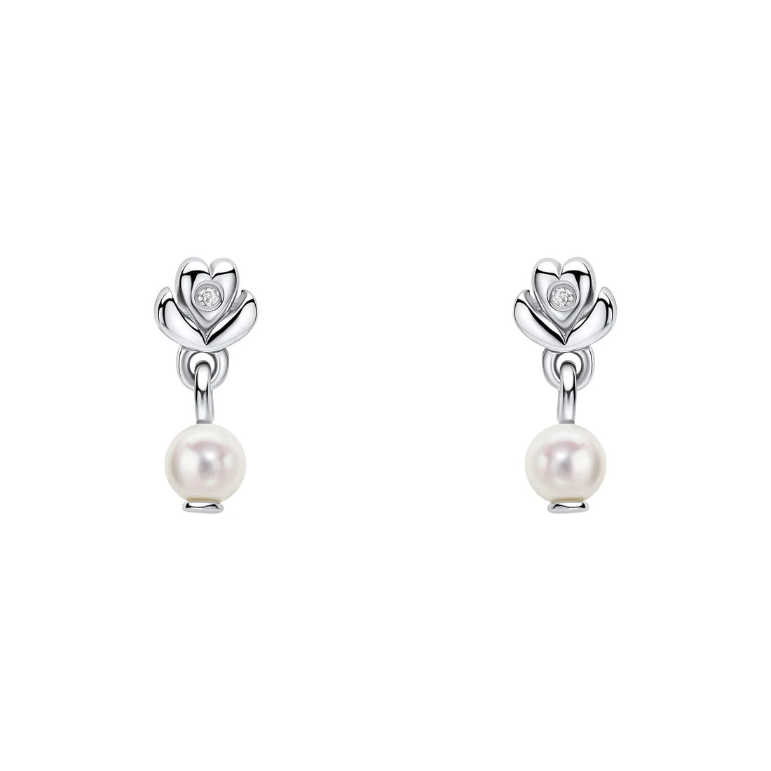 D for Diamond Flower Stud Earrings with Freshwater Pearl Drop and Diamond E6588W
