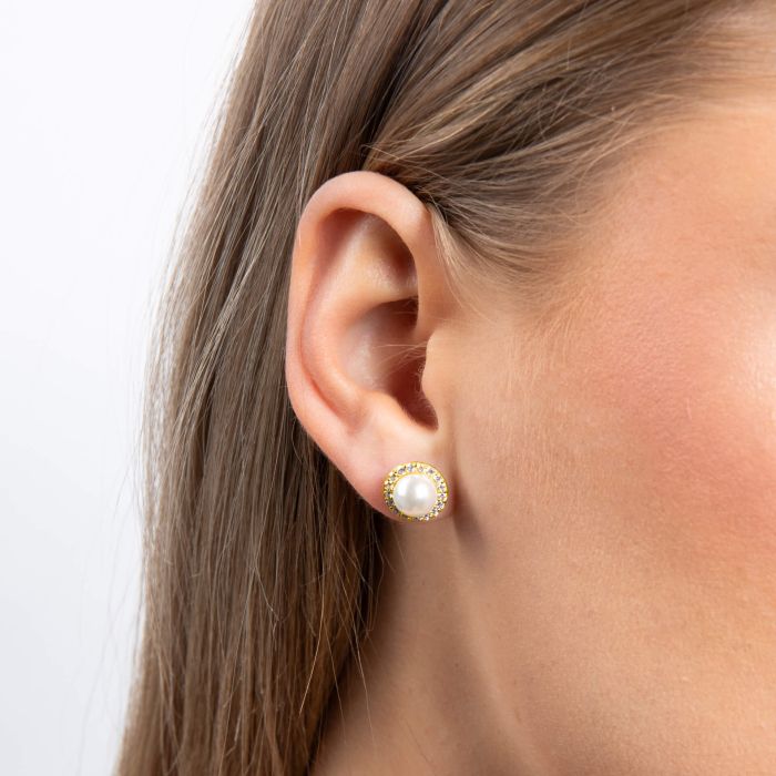Diamonfire Shell Pearl and Zirconia Halo Stud Earrings