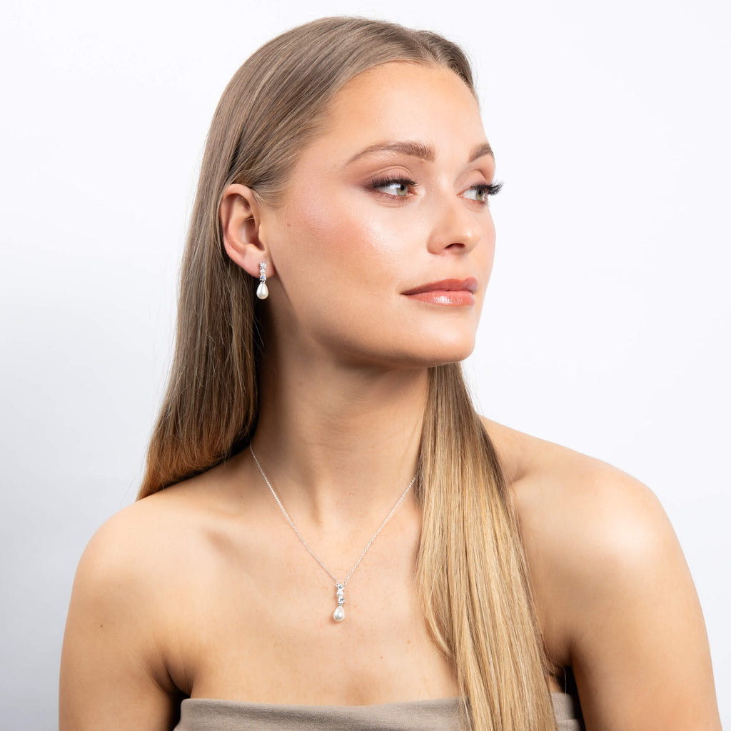 Diamonfire Alternating Shell Pearl and Zirconia Drop Necklace