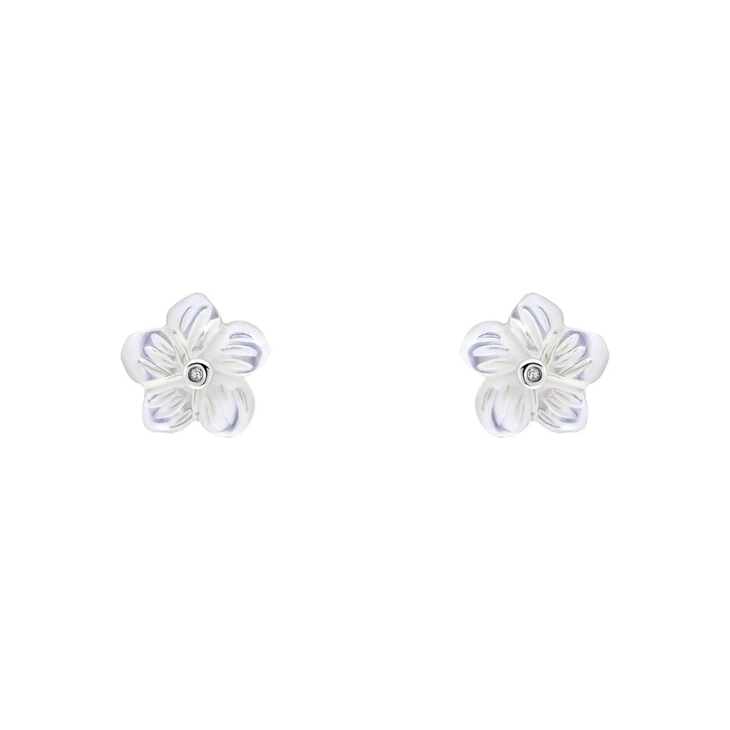 D for Diamond Carved Mother of Pearl Flower Stud Earrings with Diamond E6688W